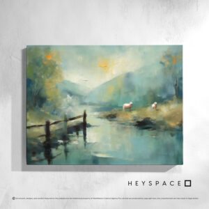 Sheep on a foggy riverbank | Canvas