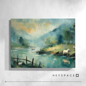Sheep on a Foggy Riverbank | Canvas