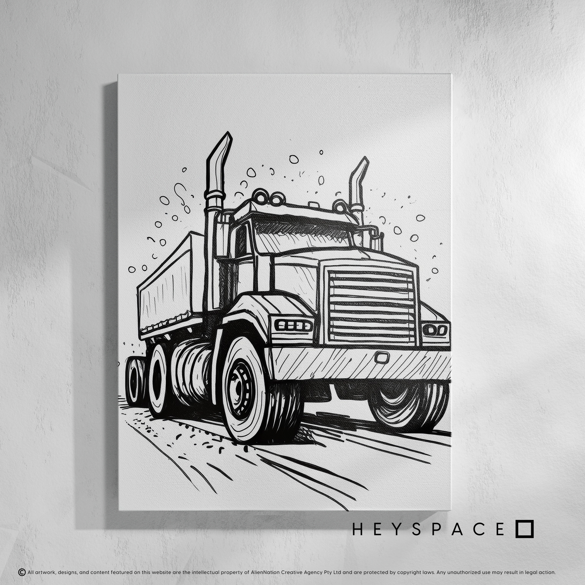 Black and white sketch of a truck on a road Streched Canvas Heyspace