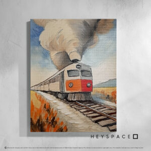 Train with an orange front driving on a railway track with smoke in the background Streched Canvas Heyspace