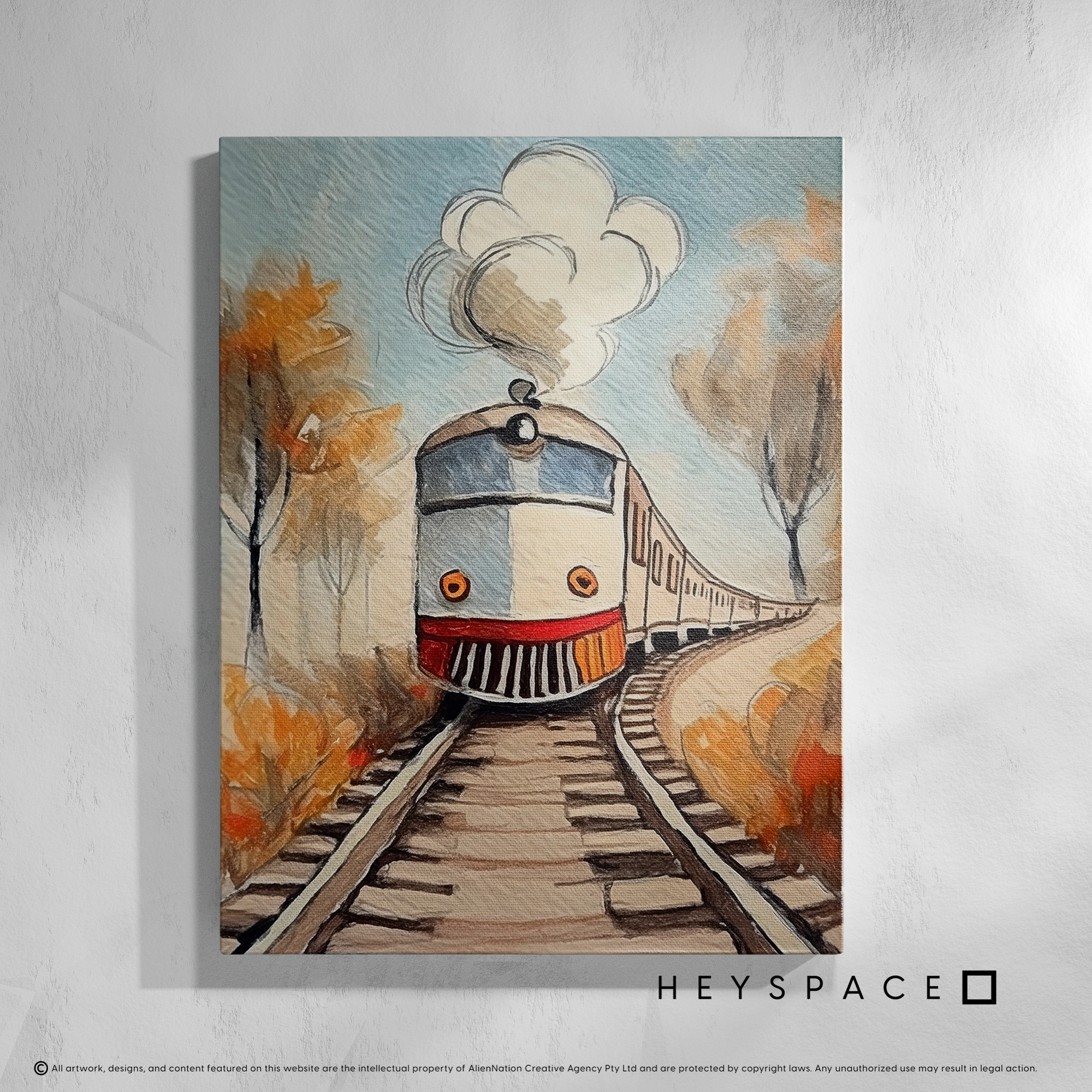 Train with an orange front driving through a scenic route with smoke clouds Streched Canvas Heyspace