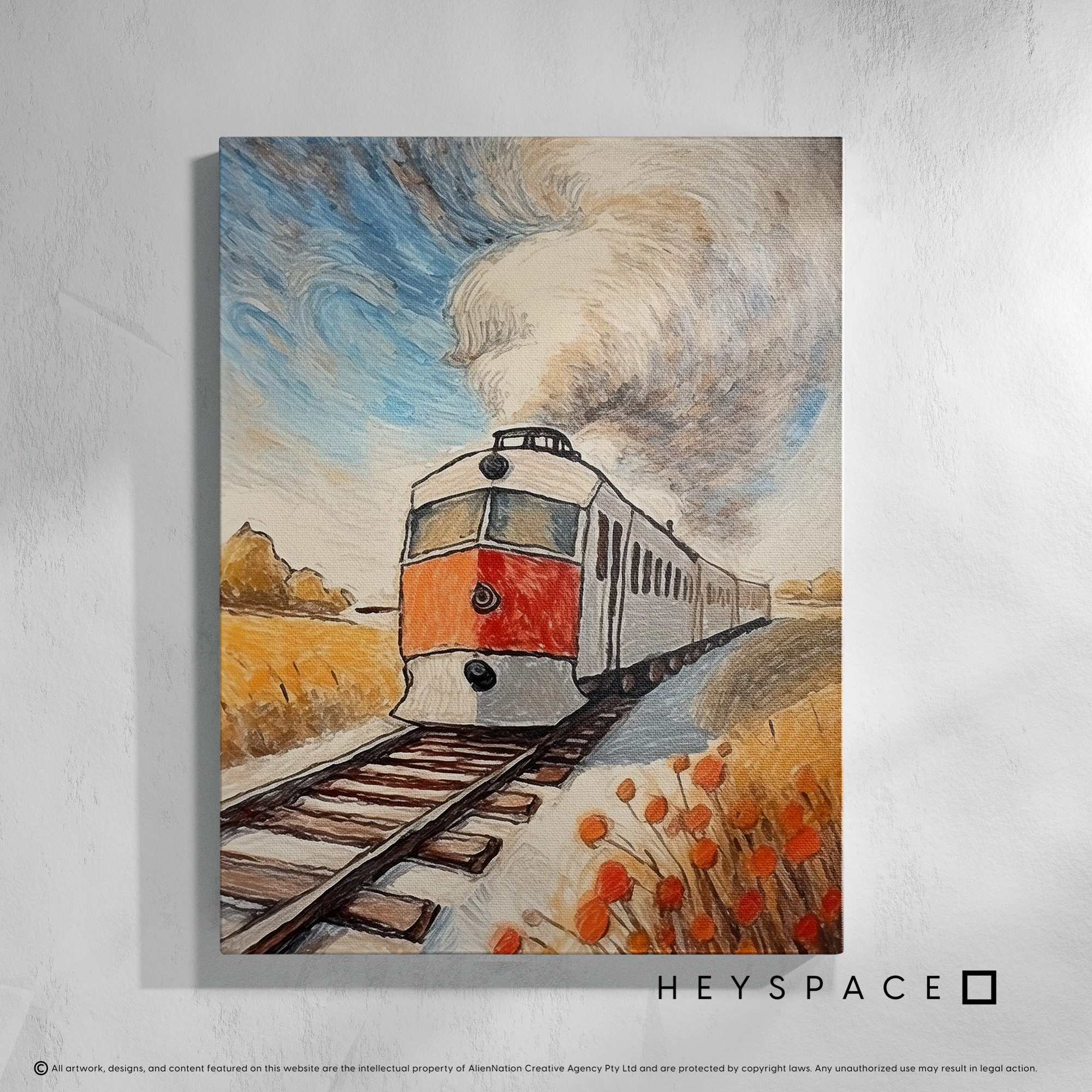 Train with an orange front moving on tracks with smoke against a rural landscape Streched Canvas Heyspace