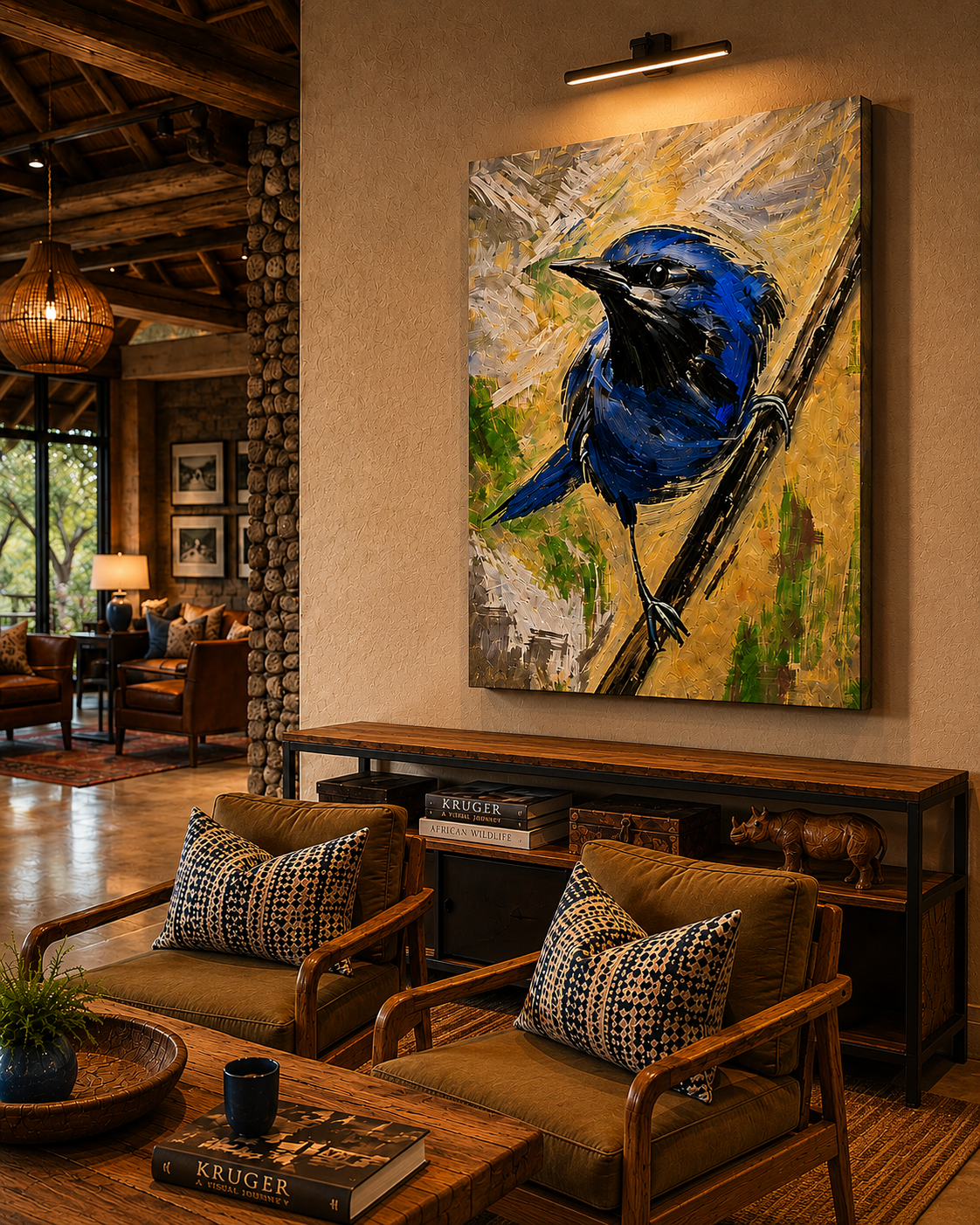 Modern Bluebird Portrait in Cobalt and Sage - Image 3